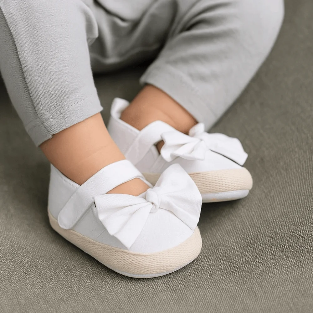 Zachte Zolen Baby Meisjes Schoen Antislip Strik Baby Pasgeborenen Wieg Schoenen Effen Kleur Doek Zool Vlinder Knoop Schoenen pasgeborenen Wieg