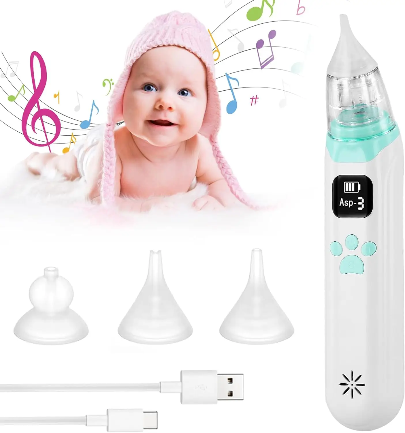 Electric Baby Nose with 3 Tips, 3 Suction Levels, Relieves Nasal Congestion for Babies and Children from 0 Months to 12 Years