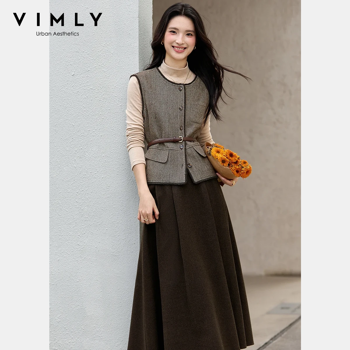 VIMLY Skirt Two-Piece for Woman Fall Single Breasted Round Neck Vest Long A-line Pleated Skirt Set Elegant Commuter Outfit A2938