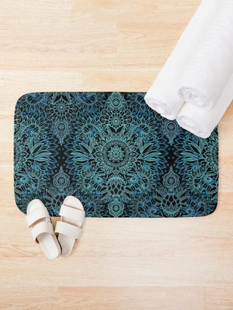 Black, Teal & Aqua Protea Doodle Pattern Bath Mat Modern Bathroom Accessories Bath Carpet Mat