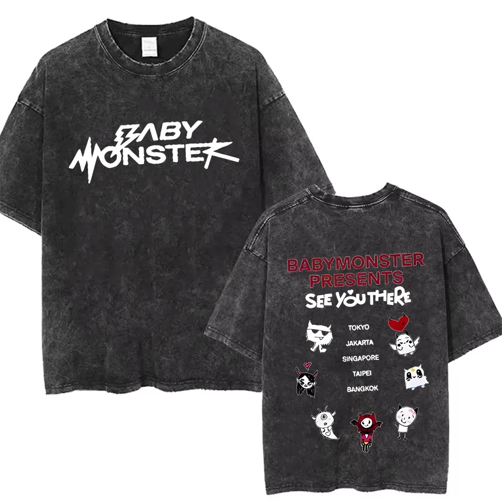 Babymonster Drip Ist Full Album Vintage Washed T-shirt Male Casual Oversized Streetwear T Shirts Men Women Korean Fashion Tshirt