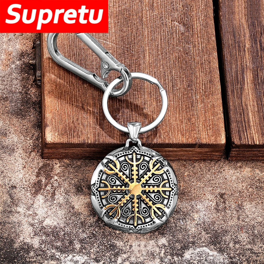 Vintage Vikings Compass Keychain Gold Color Stainless Steel Norse Rune Trident Pendant Amulet Men Never Fade Car Keyring Jewelry