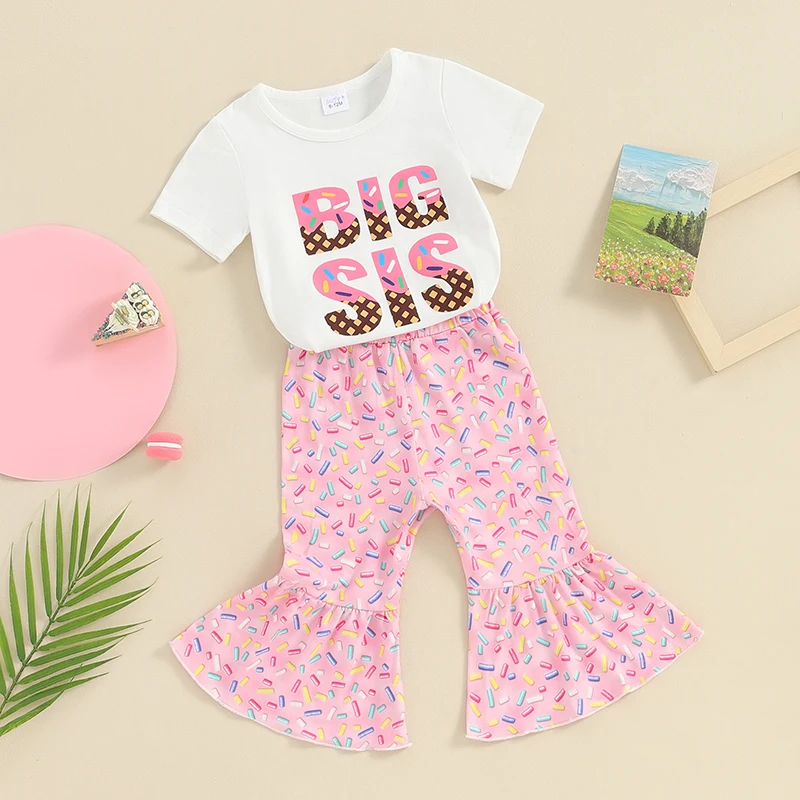 Toddler Baby Girl Birthday Outfit Short Sleeve Letter T-shirt Top Doughnut Flare Pants 2Pcs Outfit