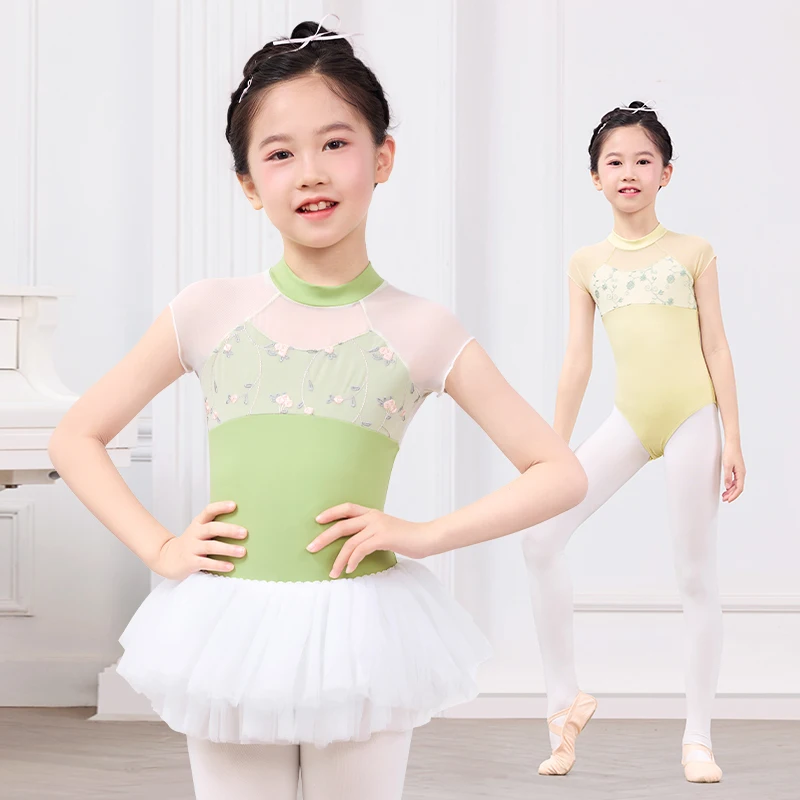 

Children Stand Collar Mesh Splice Dance Leotard Embroidery Short Sleeves Nylon Ballet Wear Girl High Stretch Gymnastics Bodysuit