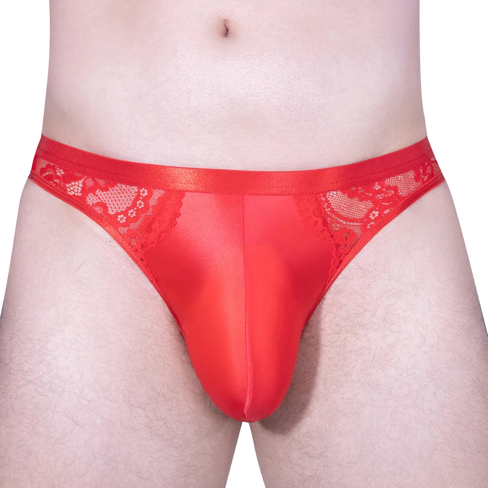 Men's Lace Trim Briefs High Stretch Butt Lifting Underwear Satin Glossy Pouch Triangle Underpants Low Rise Elastic Waist Panties