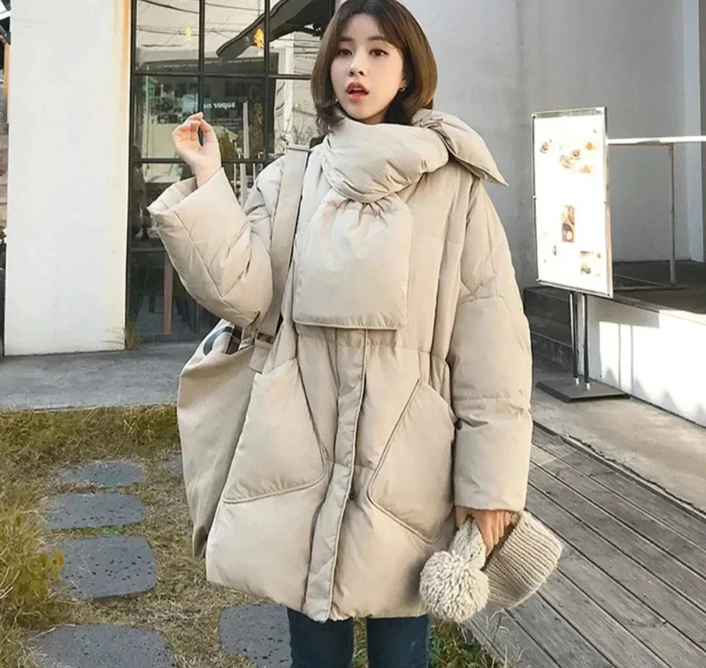 White Duck Down Coat Women Round Neck Loose Thicken Parkas Warm Outwear Winter New Fashion Female Scarf