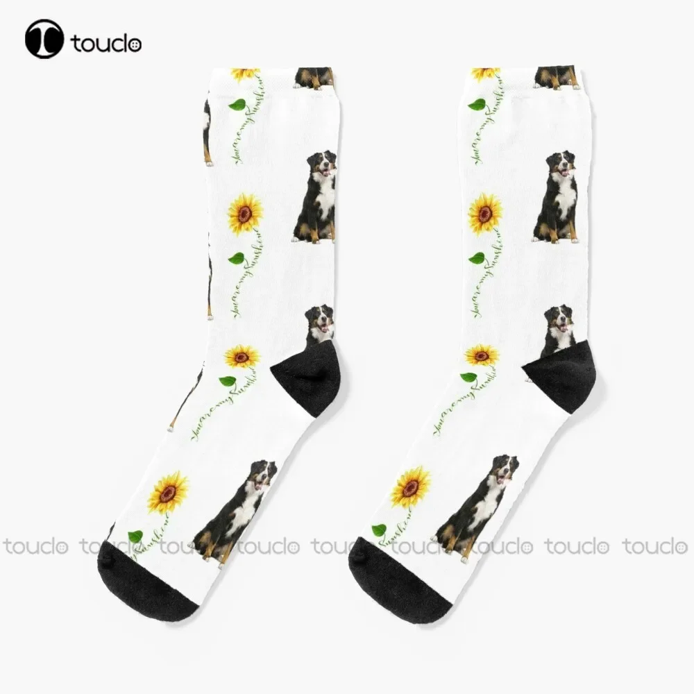 You Are My Sunshine Bernese Mountain Dog Socks Womens Black Fun Socks Cartoon Street Skateboard Socks 360° Digital Print Retro