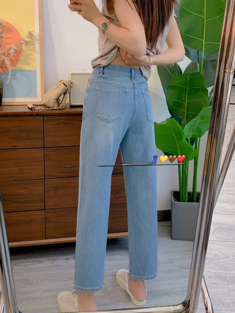

Spring Summer Thin Light Blue Denim Jeans Women's High Waist Cotton Stretch High Waist Nine Tube Straight Leg Trendy Pants