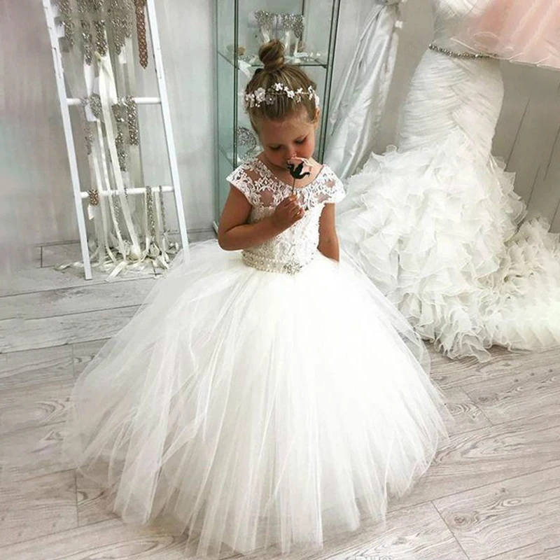 

Puffy Tulle Pricess Beading Wedding Party Flower Girls Dress Custom Made Appliqued Backless Ribbon First Communion Ball Gowns