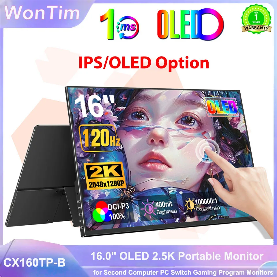 Monitor portátil OLED/IPS de 16,0 polegadas, resolução 2560x1600p, estrutura metálica com suporte, 100% DCI-P3, ideal para escritório, viagens e como extensor de tela para laptops e Macs.