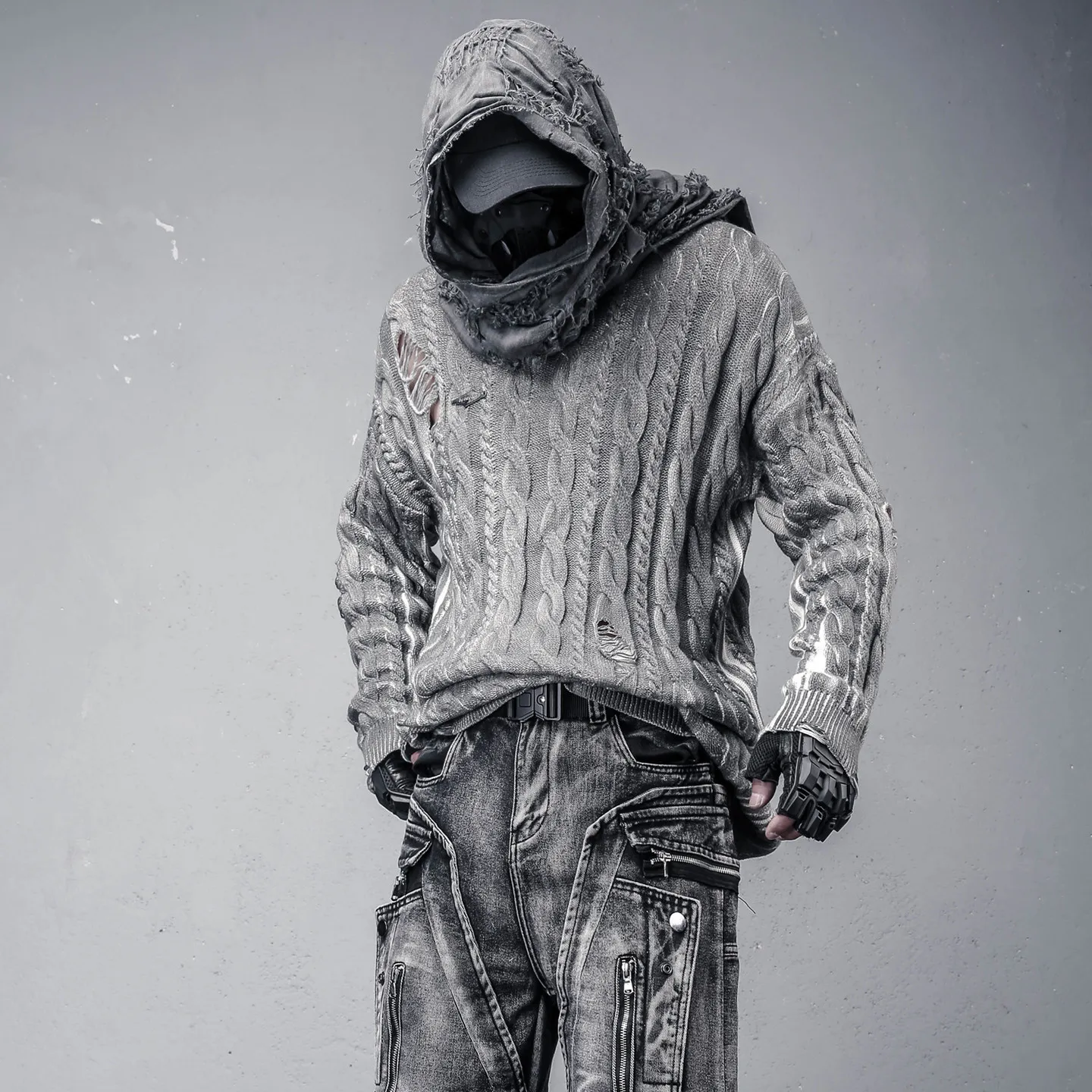 Designer American Fashion Ripped Dirty Design Tassel Oversize Cable-Knit Sweater Loose Sweater Men