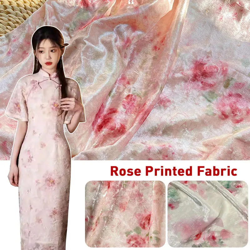 

1M Elastic Soft Shiny Gold Velvet Fabric Rose Flower Printed Velvet Fabric For DIY Dress Cheongsam Upholstery Home Textiles