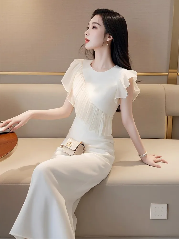 

Unique Beautiful White Chiffon Dress Summer Exclusive Style Super Good Looking Long Dress Women's Luxury Casual High Waist Zi...