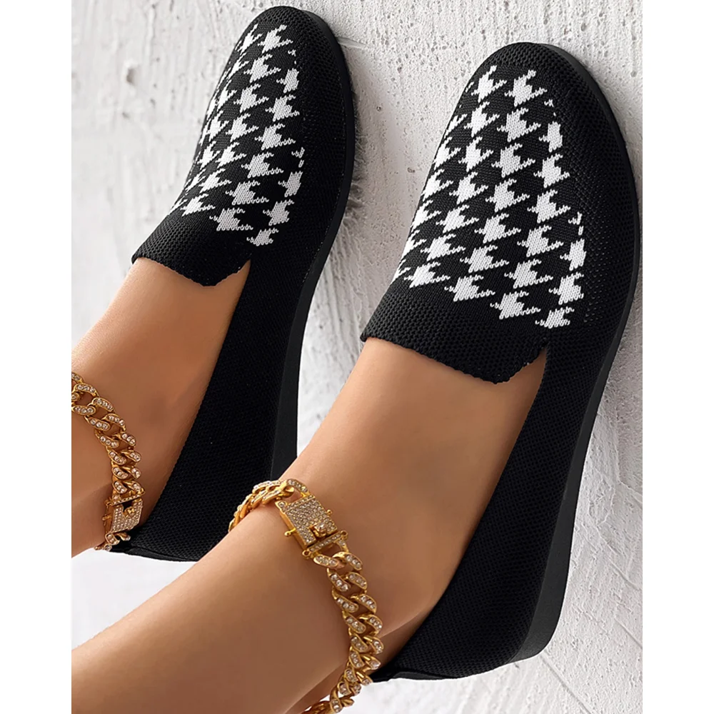 

Houndstooth Mesh Flat Low-Cut‌ Slip-on Shoes for Women- Breathable Knitted Round Toe Loafers, Comfortable Work Commute Slippers