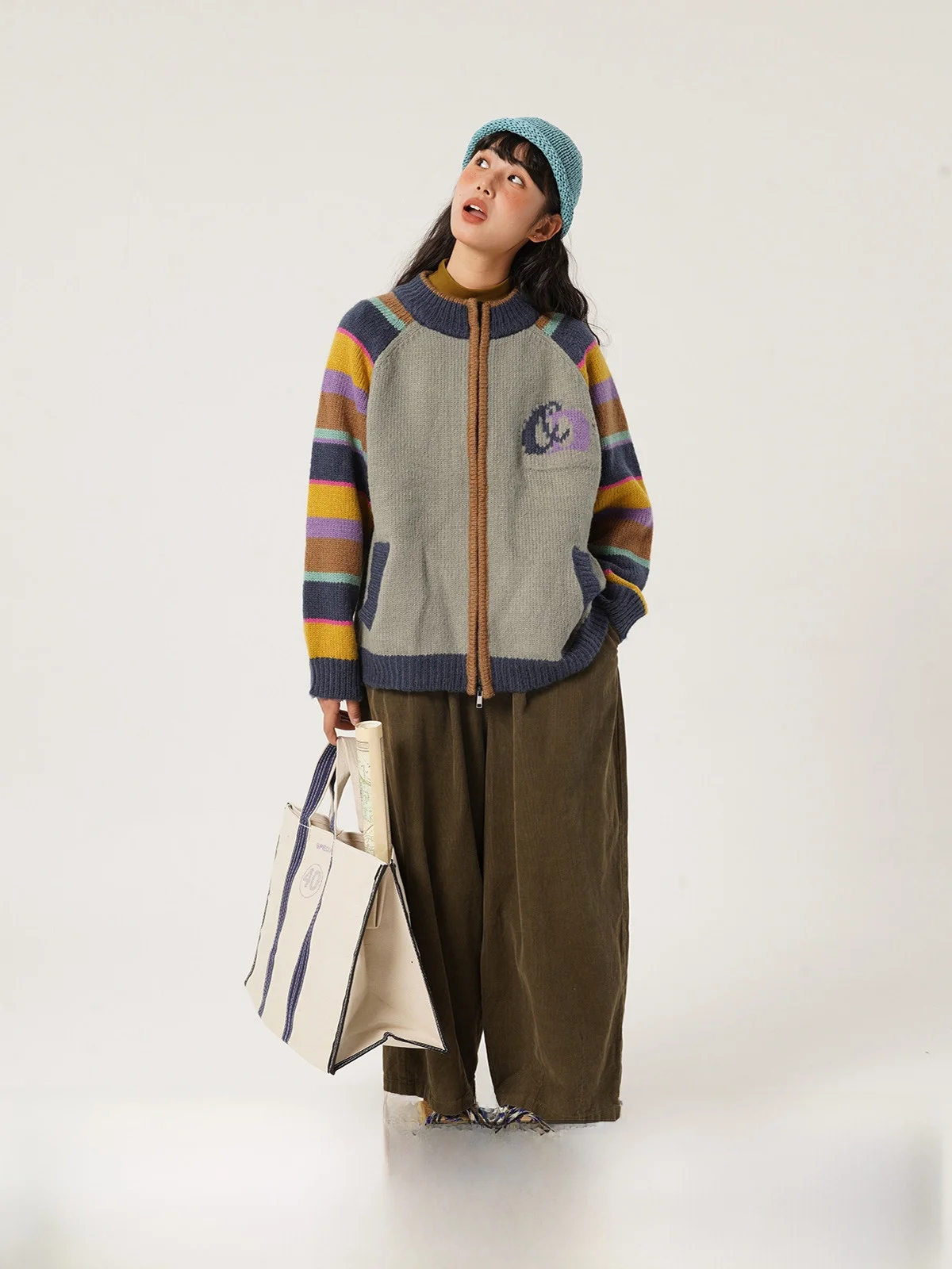 

Retro Odder Women's Loose Fit Rainbow Stripes Knitted Sweater round Ne Open Cardigan Long Sve Autumn Faion Outerwear