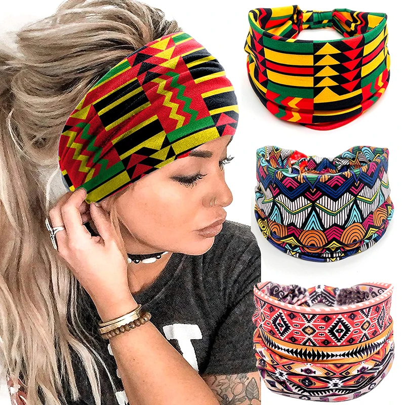 African Pattern Print Twist Elastic Hair Band Wide Hairbands Bandana Turban Knot Headwrap Fashion Cotton Stretch Headband