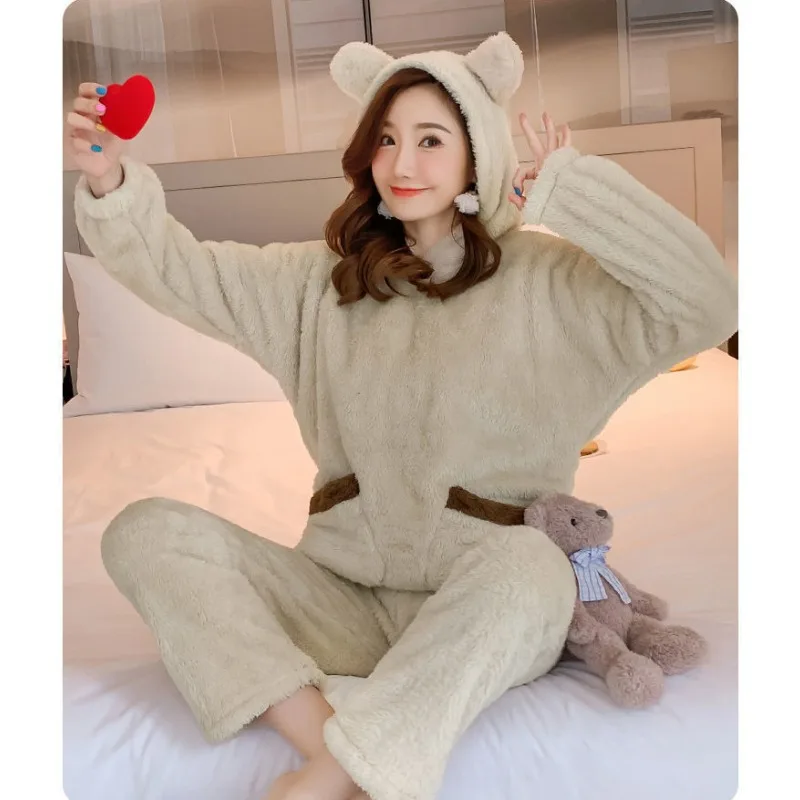 Autumn Winter Women's Padded Plus Size Cartoon Bear Pajamas Cute Coral Velvet Sleepwear Suit Long Sleeve Girls Loungewear Set