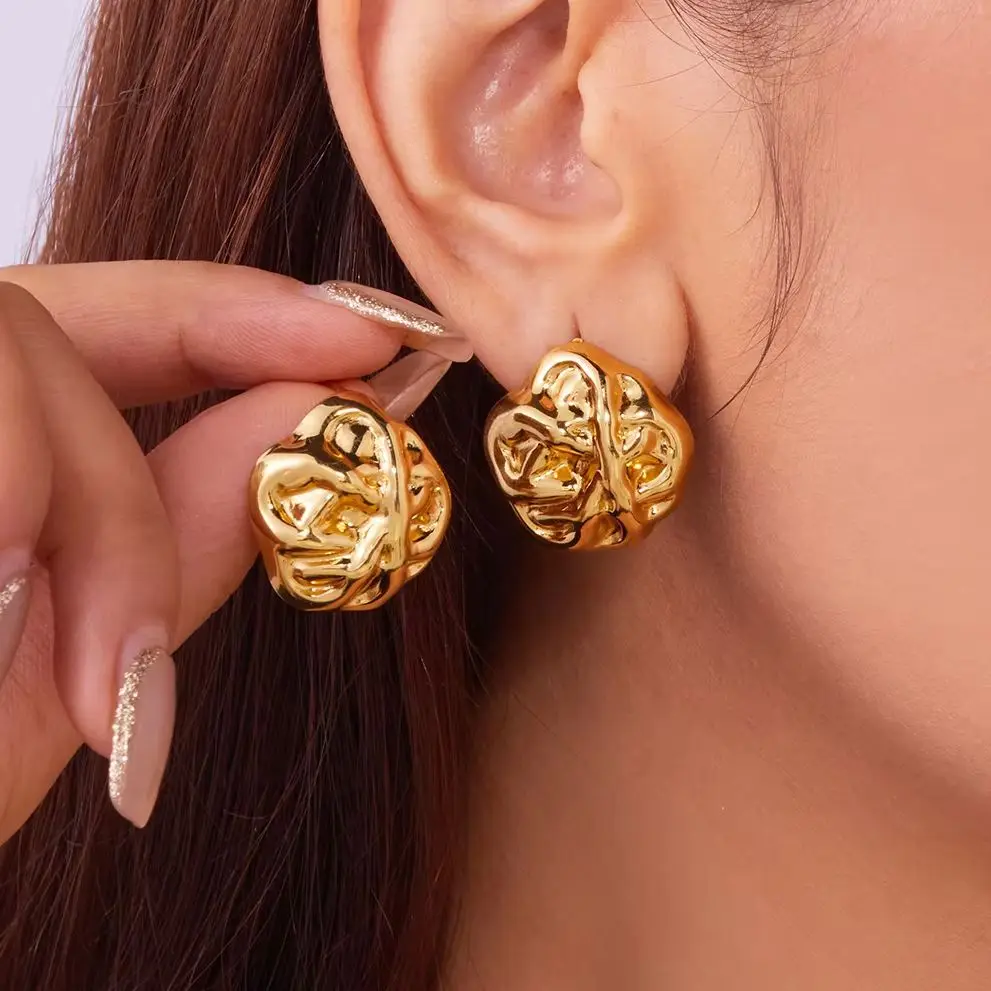 Stainless Steel Wrinkled Gold Color Earrings for Women Fashion Heart Hollow Flower Stud Earrings Wedding Waterproof Jewelry Gift