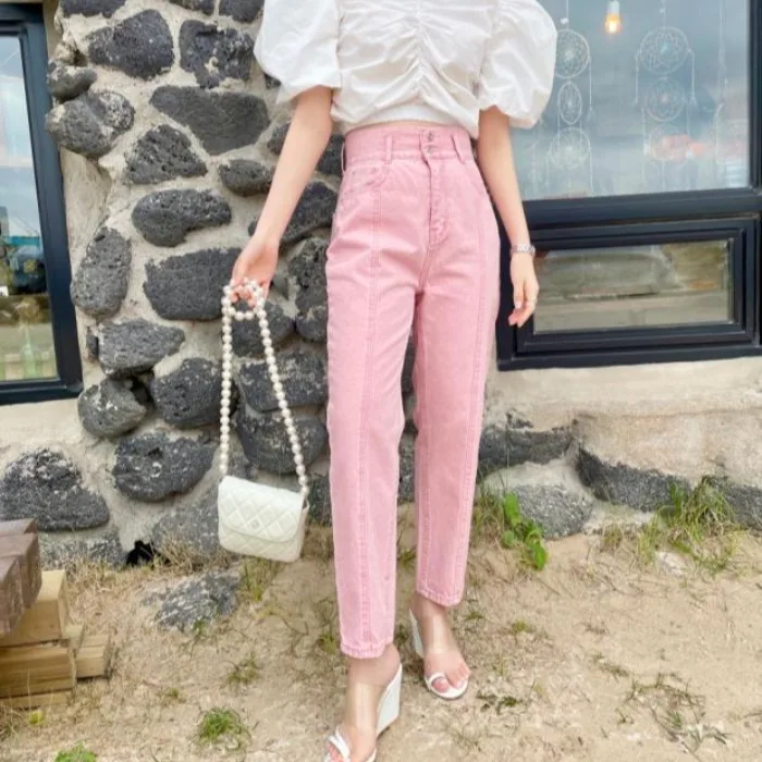 Nimo Home Candy Pink High Waist Versatile Sweet Sister Denim Jeans Casual Style Straight Leg Long Pants Cotton 100%