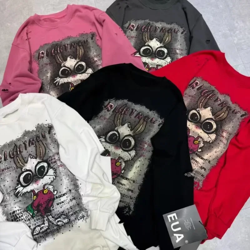 2024 New Ripped Long-sleeved Sweatshirts Female Fashion Sticker Diamond Cartoon Rabbit Design Sense Loose And Thin Outer Hoodies