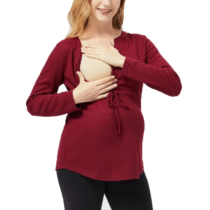 

Новая мягкая удобная однотонная футболка с длинными рукавами для беременных для кормления грудью и затягивания талии, топ для беременных