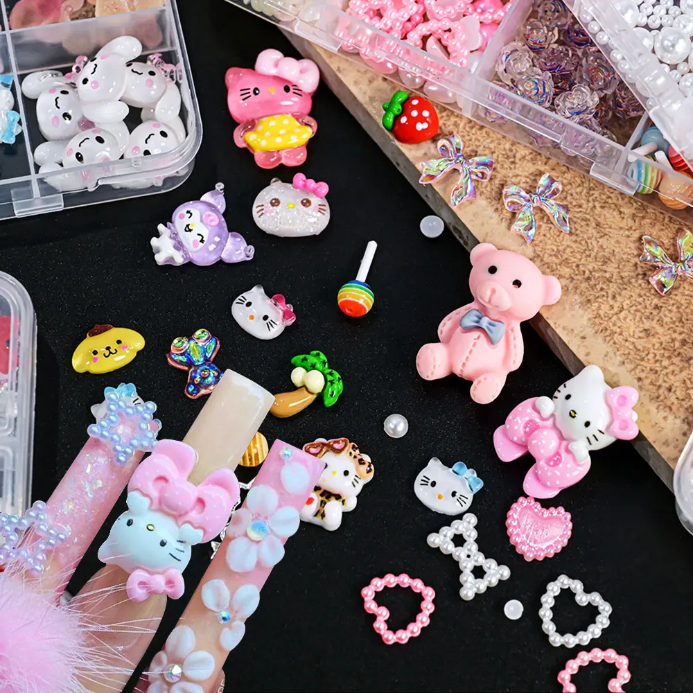 12 grade mix sanrio arco pérola kuromi decoração de unhas amor lua olá kitty morango encantos conjunto diy peças de unhas presente para menina