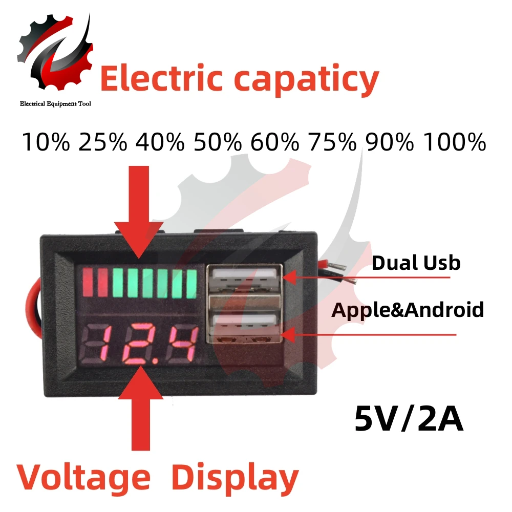 Dual USB Port DC 12V LED Digital Voltmeter 4S Lithium Iron Phosphate Lead Acid Tester for Mobile Phone Adapter USB Output Tester