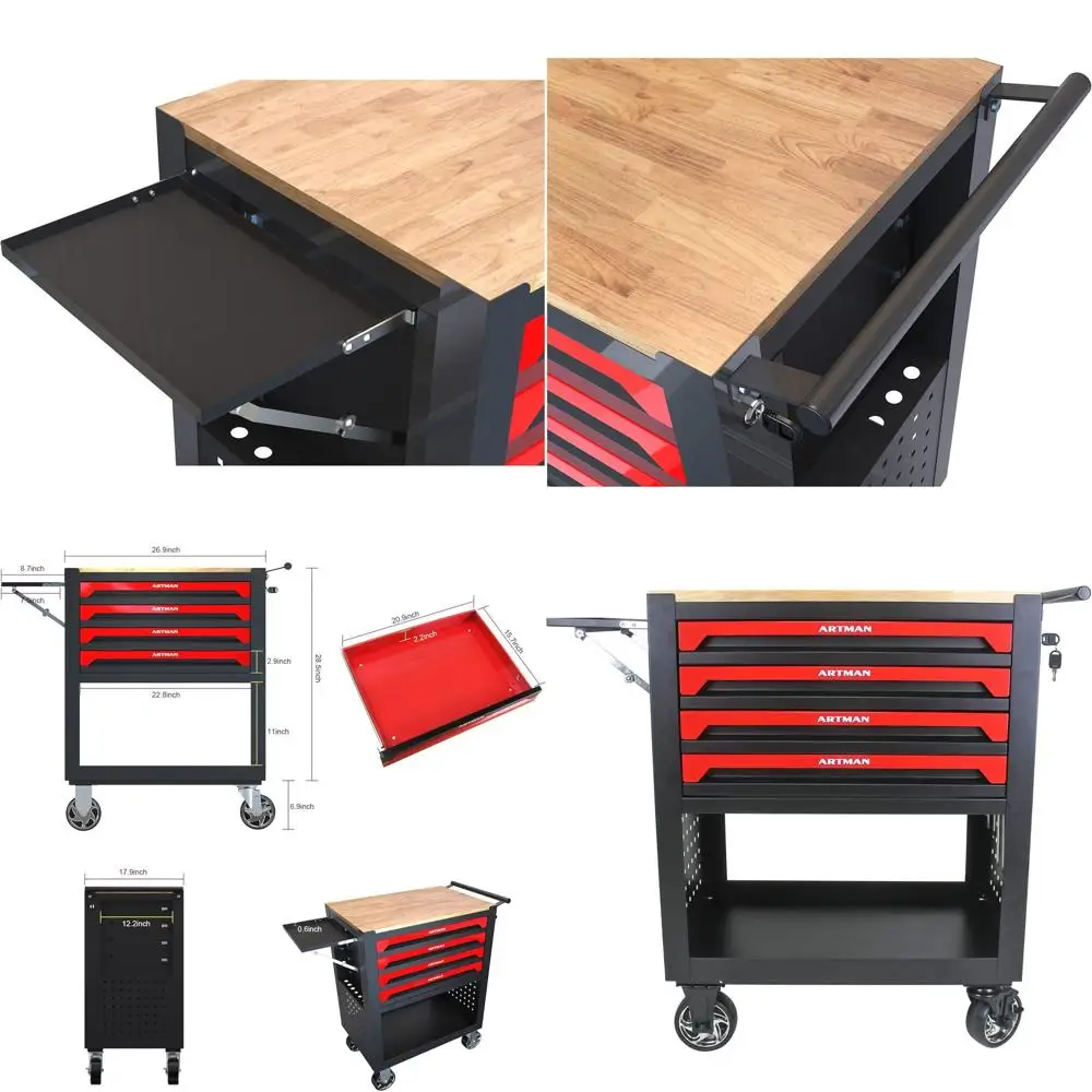 

Red Mobile Tool Chest with 4 Drawers, Lockable Storage Cabinet for Garage Workshop