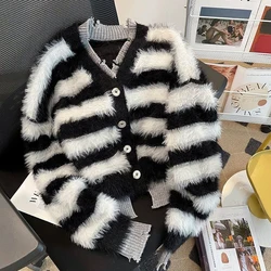 Lazy Style Soft Sticky Imitation Mink Fur Stripe Cardigan Sweater Jacket for Women's Autumn and Winter Thickened Warmer Sweater