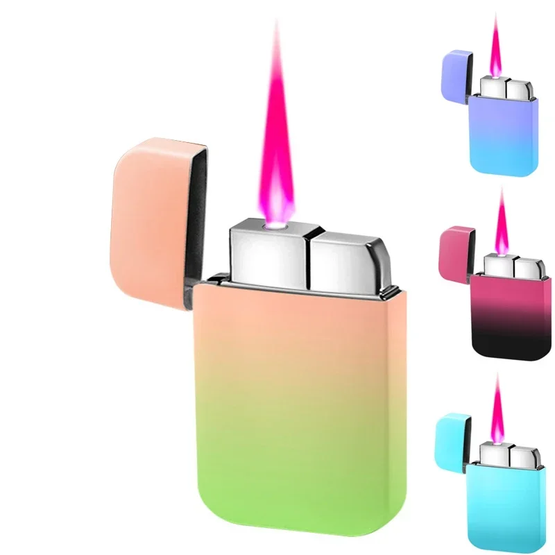 New Metal Ultra Thin Gradient Inflatable Lighter Windproof Jet Pink Flame Turbo Butane Portable Lighter High Beauty Gift