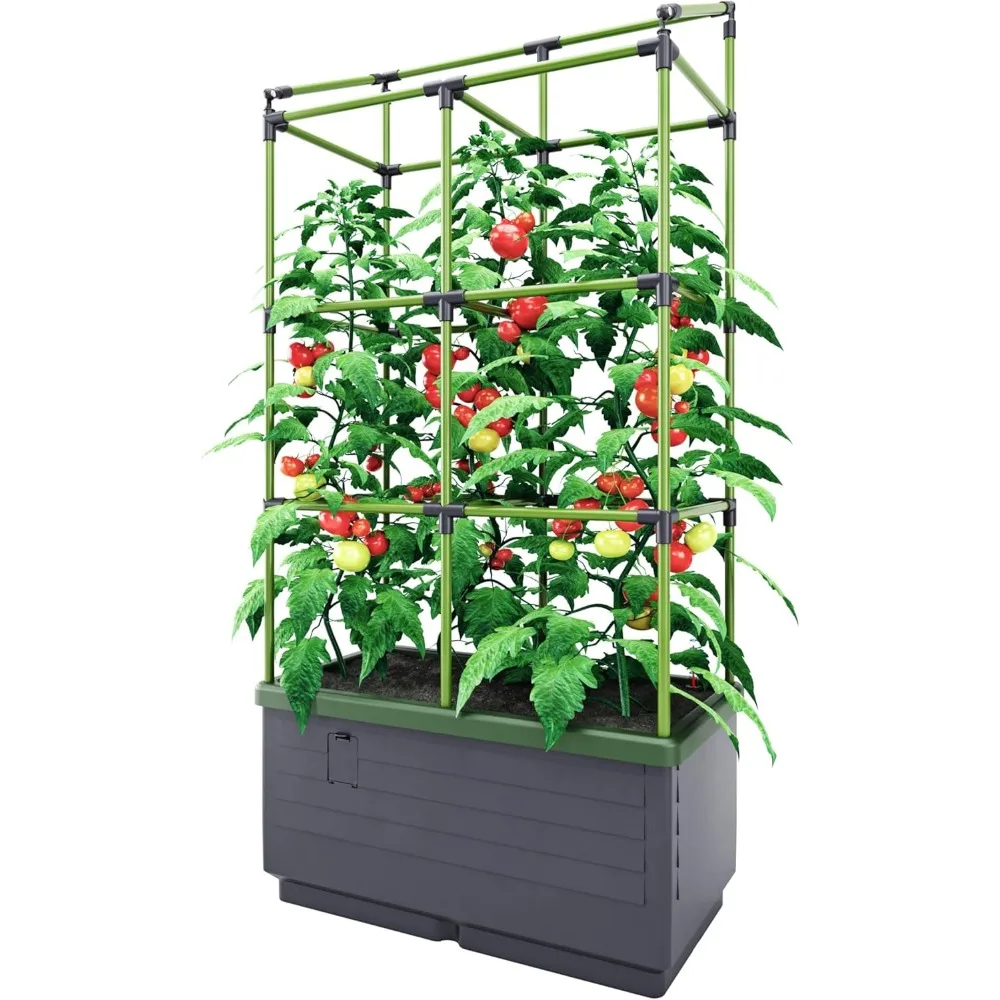 سرير حديقة مرتفع مع تعريشة، 8.98 جالون، 13 بوصة طول × 24 بوصة عرض × 63.4 بوصة ارتفاع، نظام ري متكامل، صندوق زراعة ذاتي السقي باللون الرمادي #1