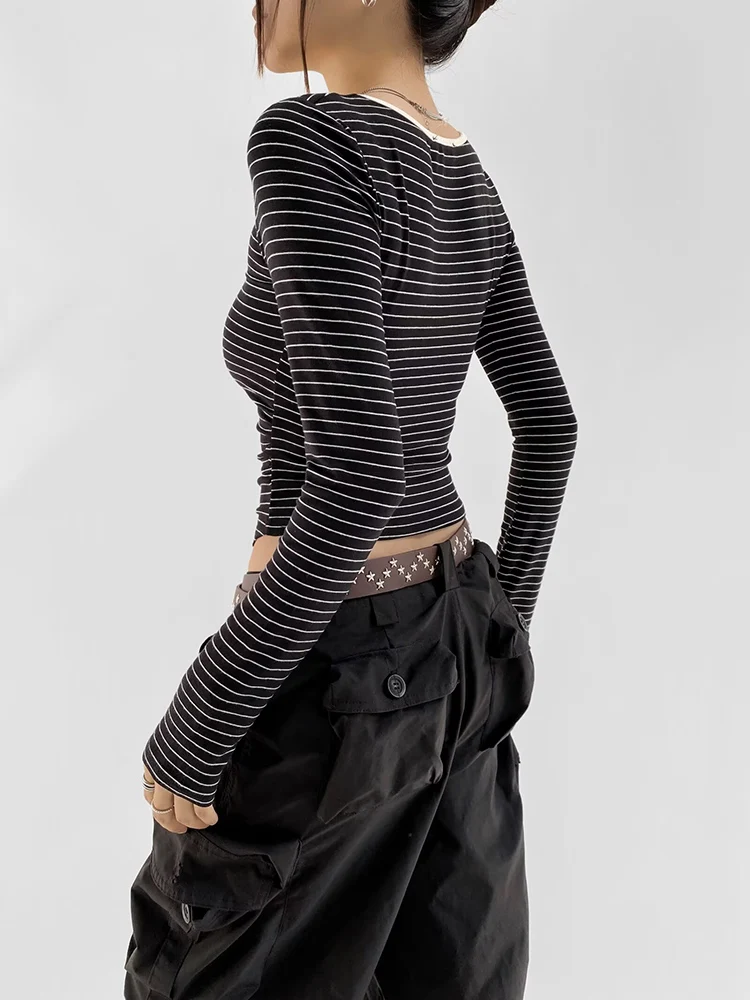 

Slim Fit round Ne Long Sve T-irt ZA2024 Autumn New Women's Faion Color Blo Button Decoration Elastic Waist T-irt