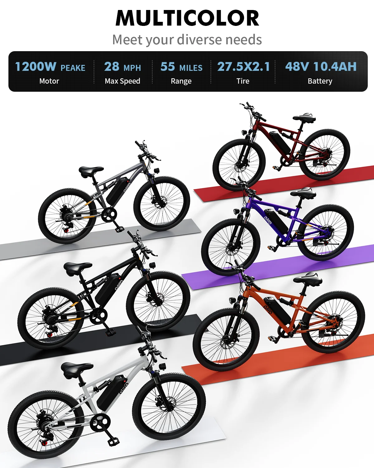 Qlife Racer Ultra 27.5" Electric Bicycle for Adults, Full Suspension 21-Speed Mountain Ebike with 1200W Brushless Motor, 48V 10.4AH Removable Battery 55 Miles view 5