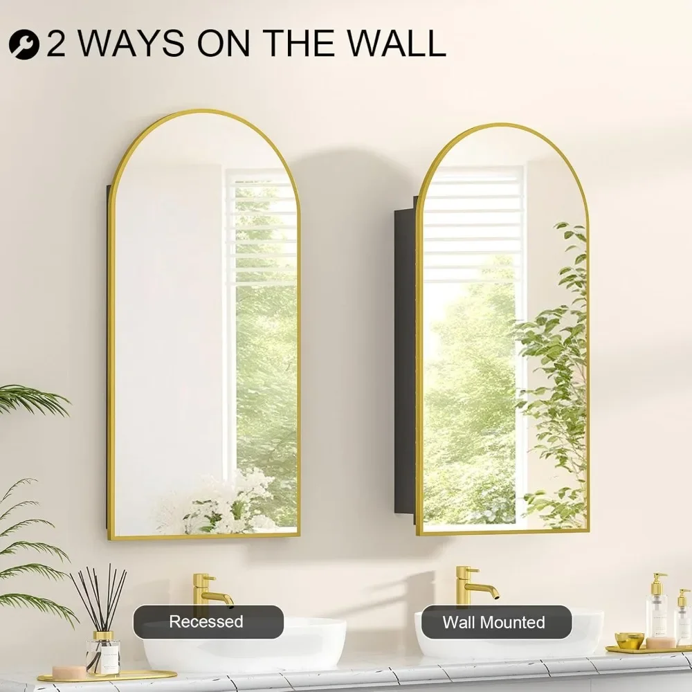 "Arched Recessed Medicine Cabinet - Frameless Arch Mirror with 3 Glass Shelves, Wall Mounted"