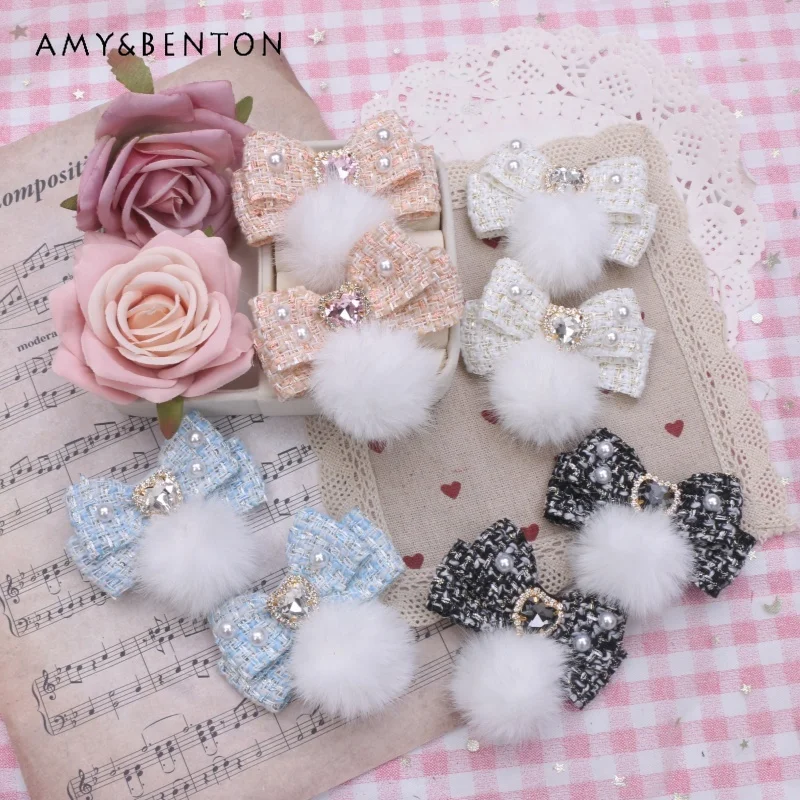 

Handmade Sweet Cute Fur Ball Heart Rhinestone Pendant Hair Clips Japanese Kawaii Tweed Hair Bows Lolita Girl Hair Accessoires