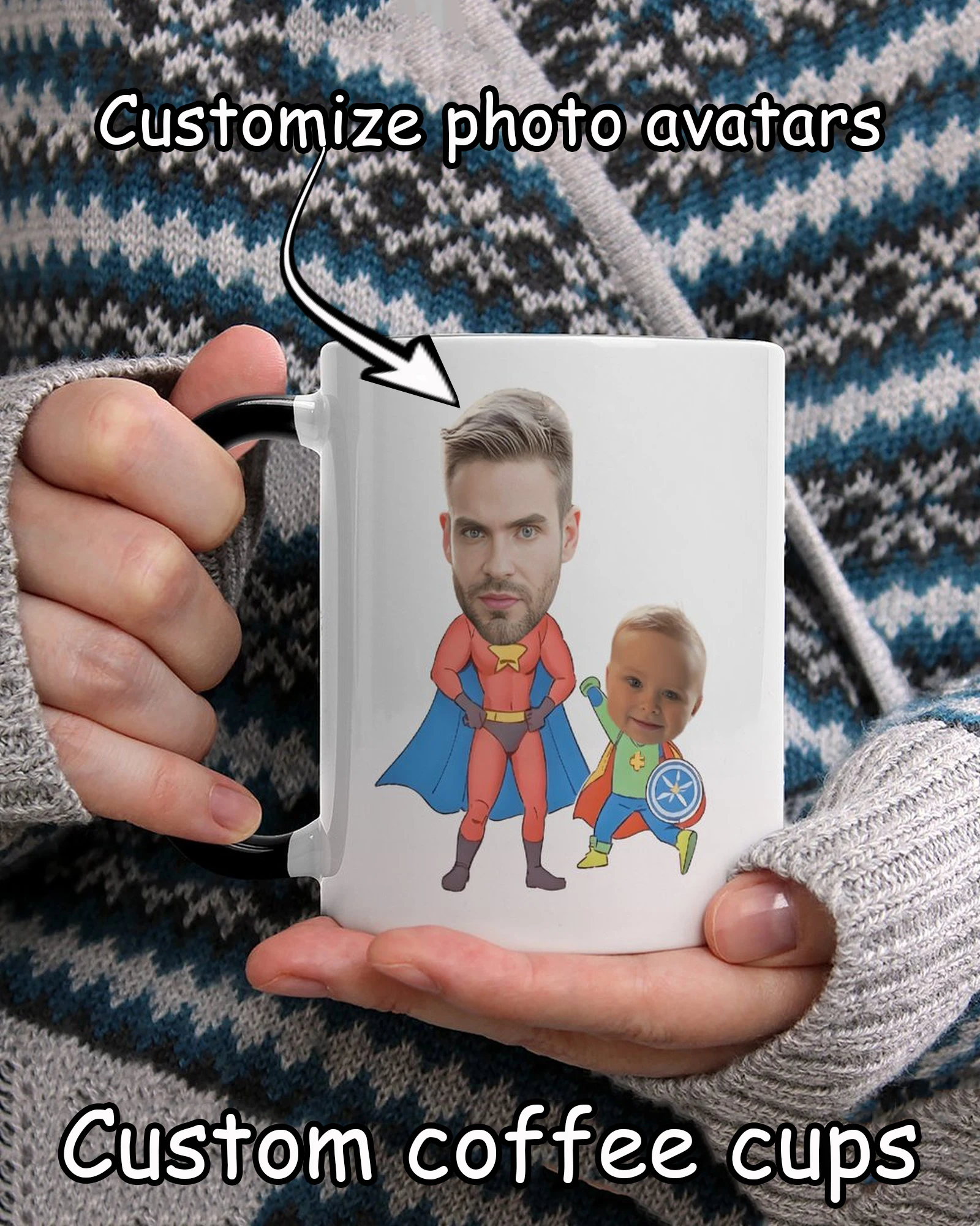 

11oz Personalized Superhero Headshot Custom Mug Reusable Ceramic Coffee Drinkware Ideal Thanksgiving Day Gift for Parent-Child