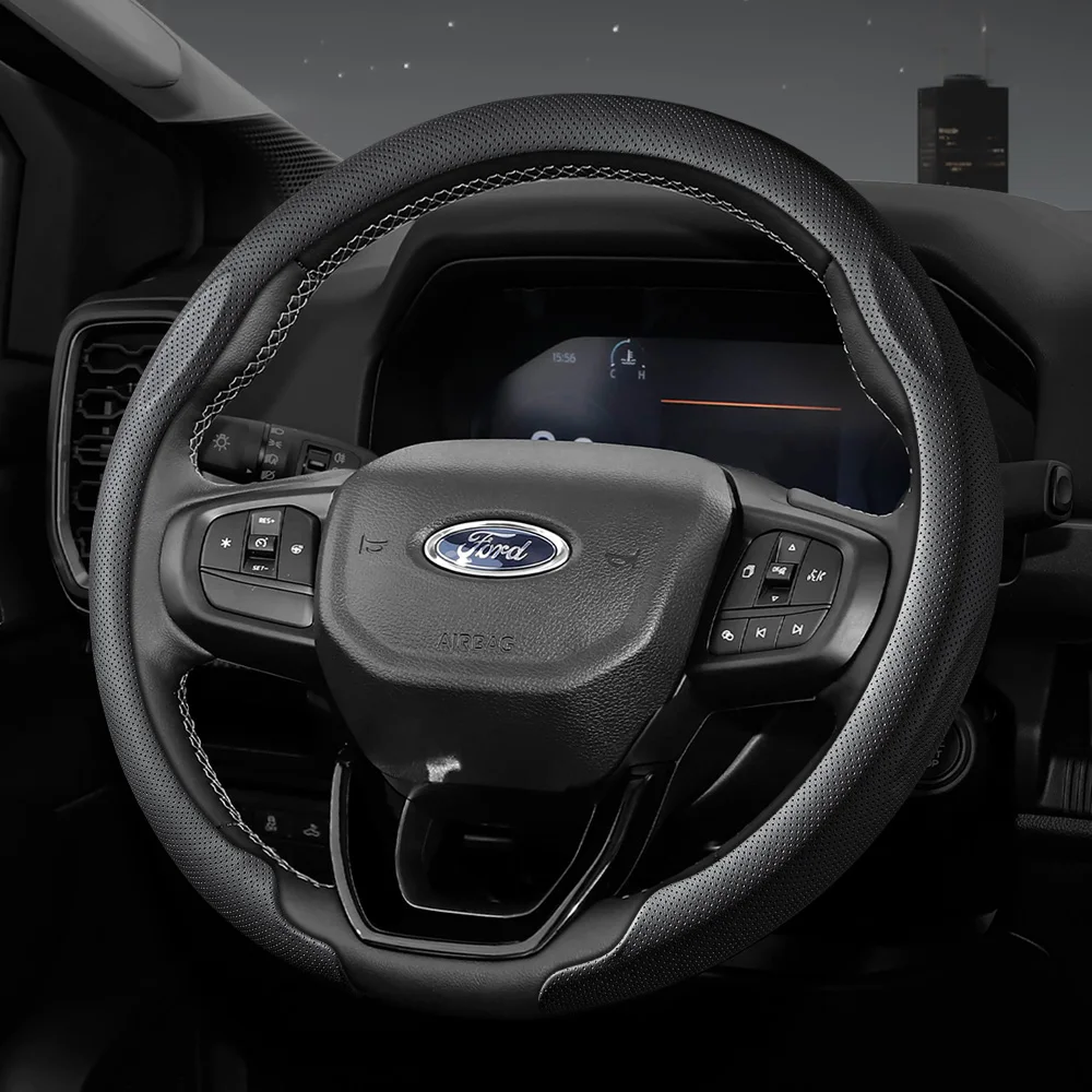 Suitable for Ford Nappa Leather Car Steering Wheel Cover, Non-Slip, Sweat-Absorbent, Breathable, with Holes, for F-Series F-150 Super Duty Ranger E-Transit Puma Gen-E Explorer Kuga Escape Maverick Mustang Mach-E Sport