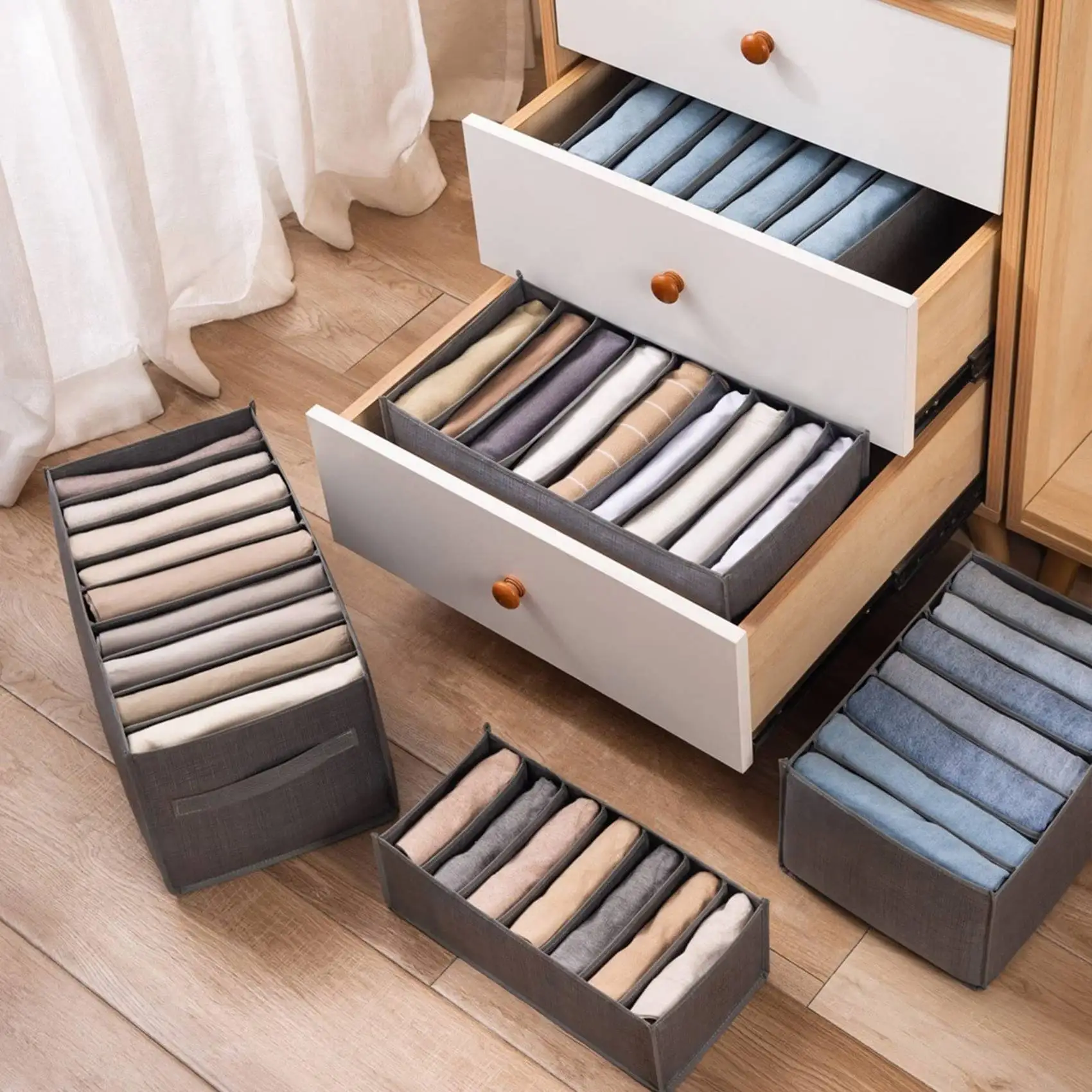 6Pcs Drawer Boxes for Jeans Trousers T-Shirt Storage Boxes Organiser Cupboard Wardrobe Drawers Organiser 7 Grids S