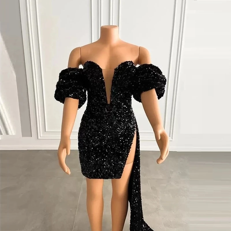 Gorgeous Glitter Black Homecoming Dress Sparkles Short Prom Dresses 2024 Zipper Long Puffy Sleeves Party Dress Robe De Soiree