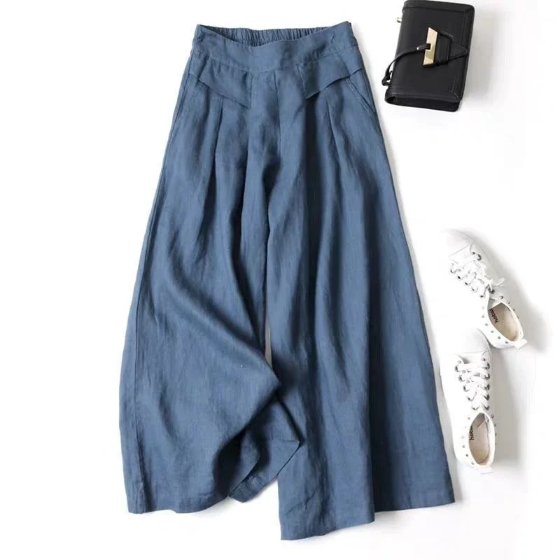 Cotton Linen Wide-leg Pants Women 2026 Summer Loose Casual Women's Baggy Pants Elastic High-waisted Thin Ankle Length Trousers