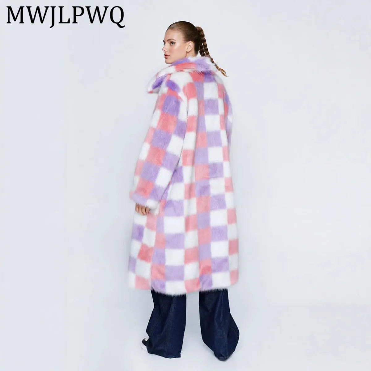 

MWJLPWQ Mens Casual Checkered Faux Fur Long Coat Pink Purple White Street Style Outerwear For Daily And Party Wear Winter 15809