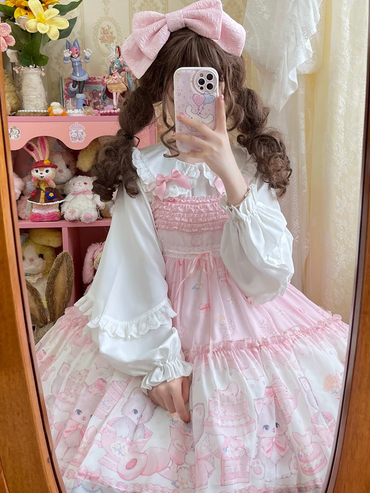 KIMOKOKM Sweet Girly Single-breasted Lolita Shirt Peter Pan Collar  Ruffled Lace Kawaii Bow Flare Sleeve Cute Sweetheart Blouses