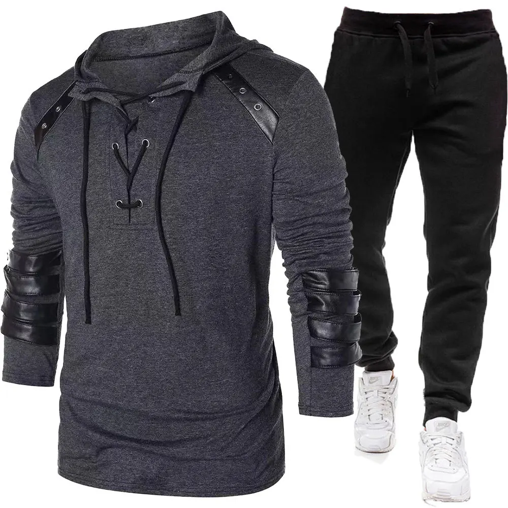 Outono novo tamanho europeu com capuz masculino casual moletom jaqueta elegante e personalizado conjunto de couro casual para homem