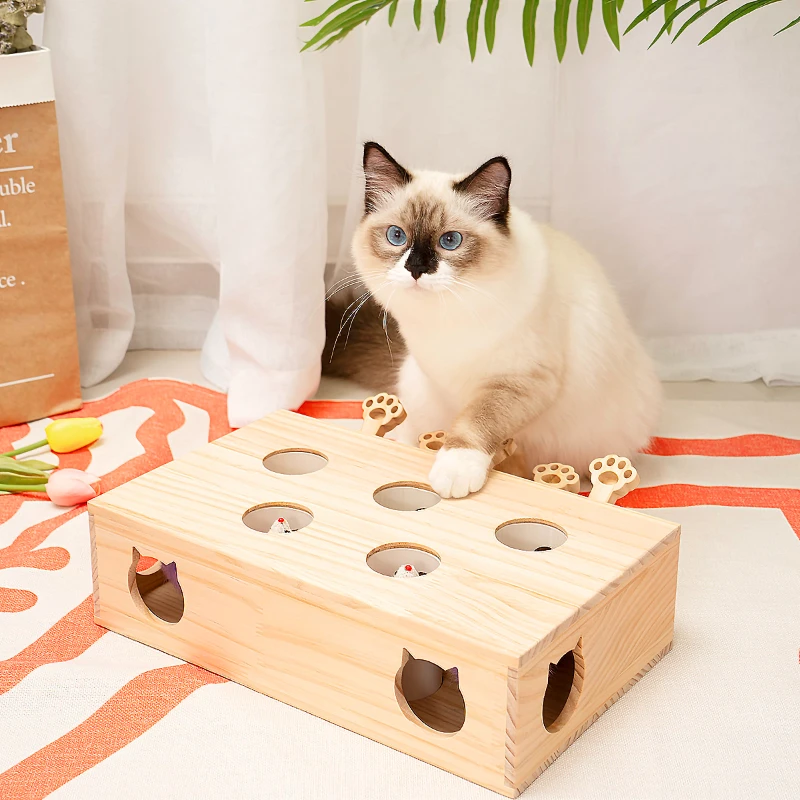 Katzenspielzeug, interaktives Whack-a-mole-Massivholzspielzeug für Hauskatzen, Kätzchen, Fang-Mäuse-Spiel