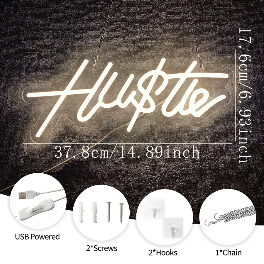 Hustle Neon Lights, Warm White Led Night Light Signs, Usb Switch Accessories, Suitable For Bedroom, Office And Bar Decoration.