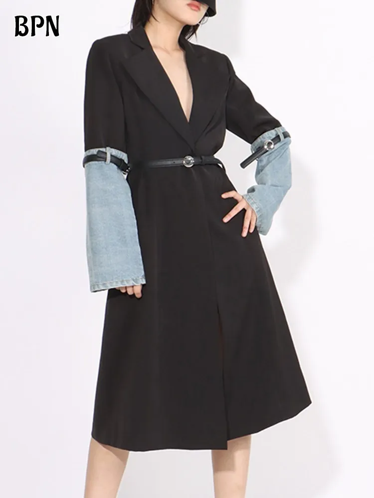 BPN Hit Color Patchwork Denim Fashion Trench For Women Notched Collar Long Sleeve Spliced Belt slim Trenches Female Clothing New