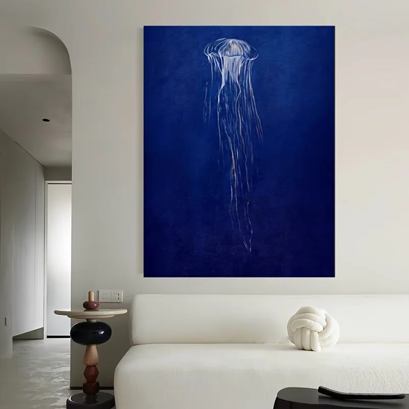(No frame)Hand-Painted Jellyfish Oil Painting on Canvas - High-Quality Acrylic Art with Deep Blue Ocean Theme, Modern Home De