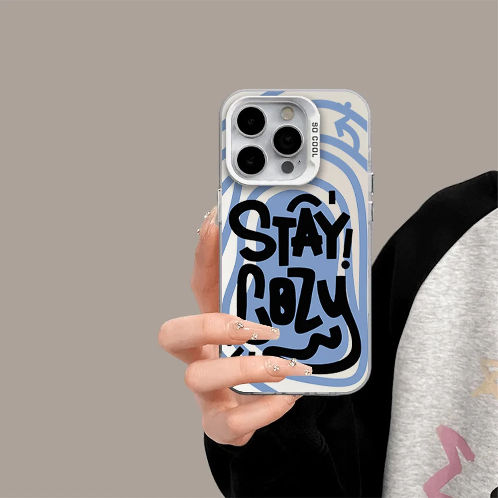 Fashion Simple English Niche Graffiti Swirls Phone Case For IPhone 12 11 13 14 15 16 Max Pro Plus Laser Cover