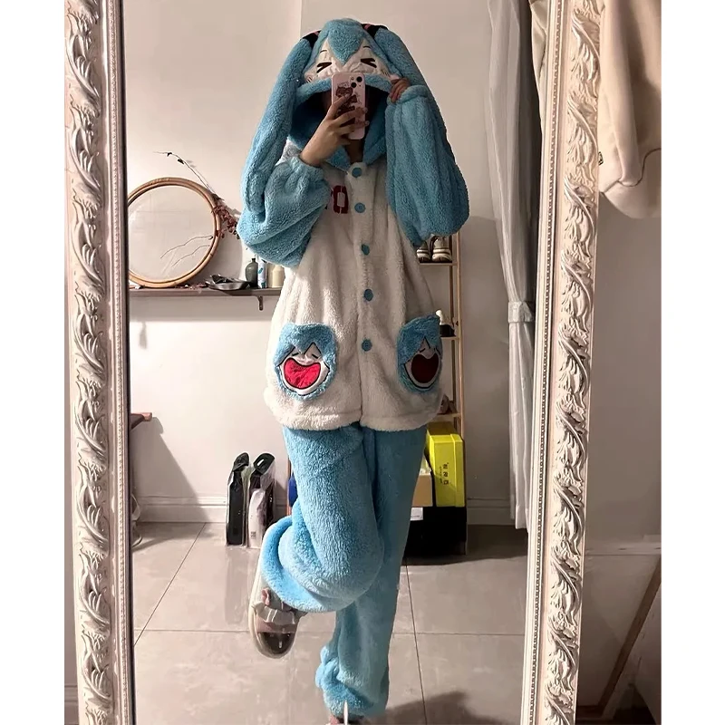 Lovely Hatsune Miku Cartoon Patterns Nightgown Coral Fleece Sleeping Robe And Pants Can Be Worn As Home Clothes Outside