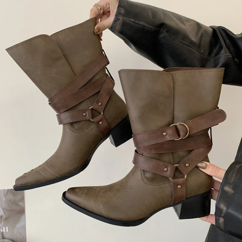 Autumn Winter Street Style Design Western Ankle Boots Women Square Heels Goth Short Booties Buckle Strap Casual Shoes